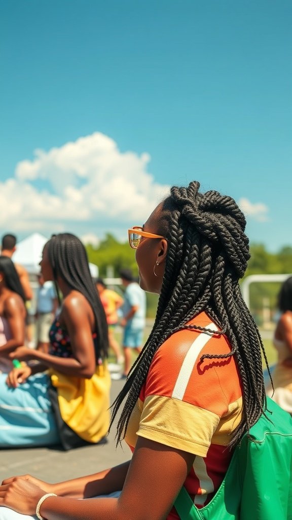 A woman with large knotless box braids enjoying a sunny day, showcasing a stylish protective hairstyle.
