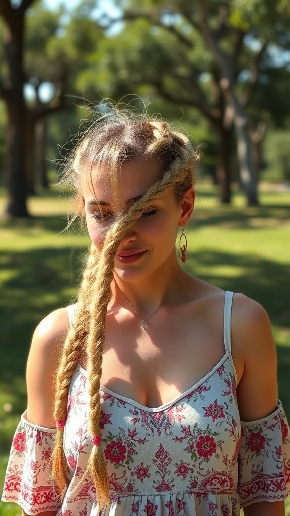 A woman with blonde boho knotless braids in a natural outdoor setting.