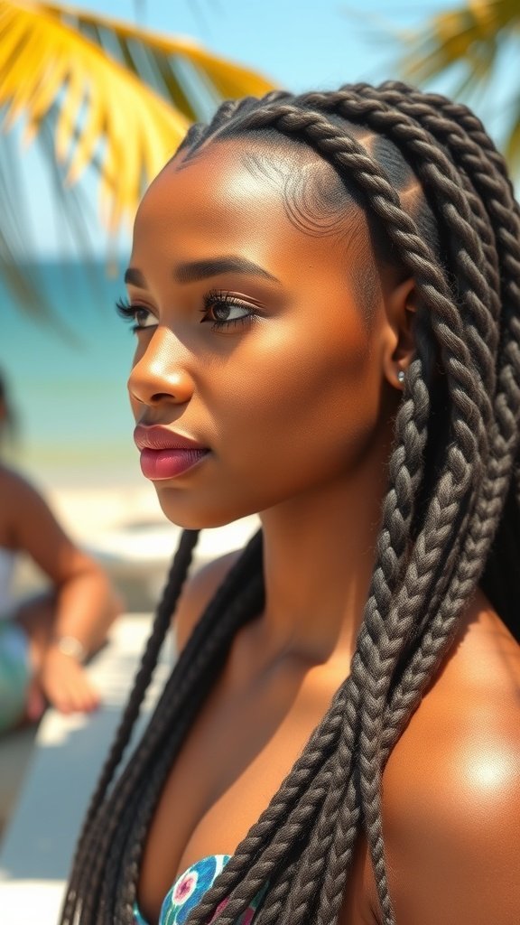 A woman with long knotless braids, enjoying a sunny day at the beach.