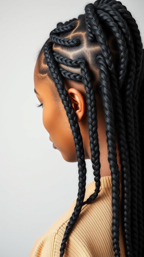 A close-up of a person with honey brown knotless braids styled in a sleek manner.