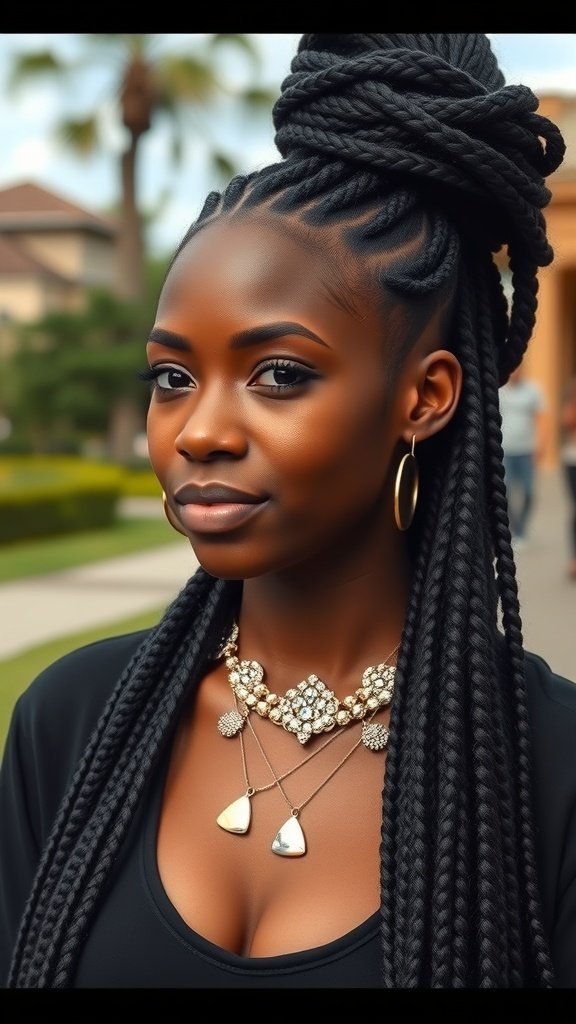 A woman with large knotless braids styled elegantly, showcasing a protective hairstyle.