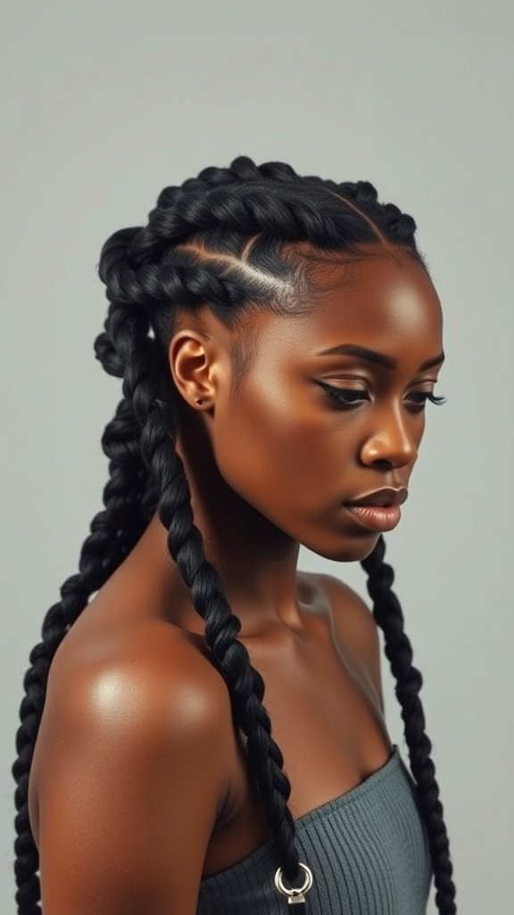 A woman with knotless braids styled with curls, showcasing a protective hairstyle.