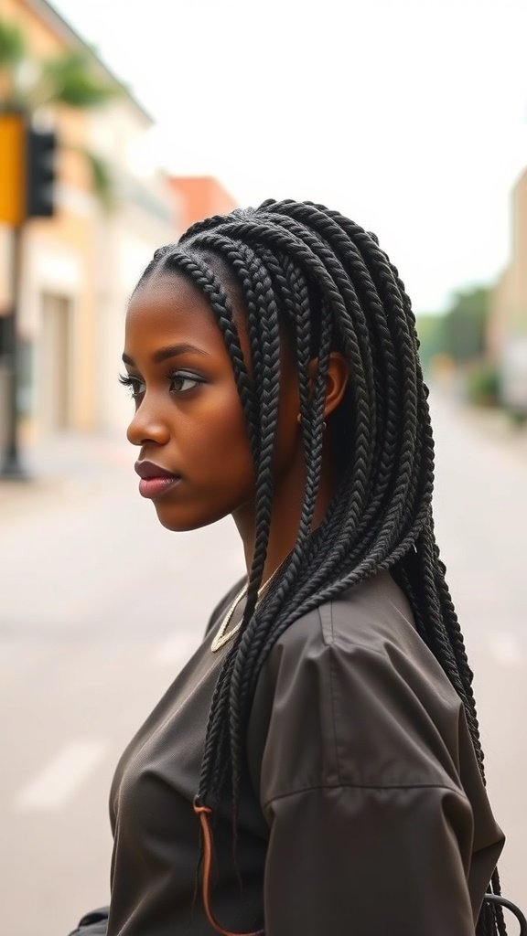 A woman with long knotless braids, showcasing a stylish protective hairstyle.