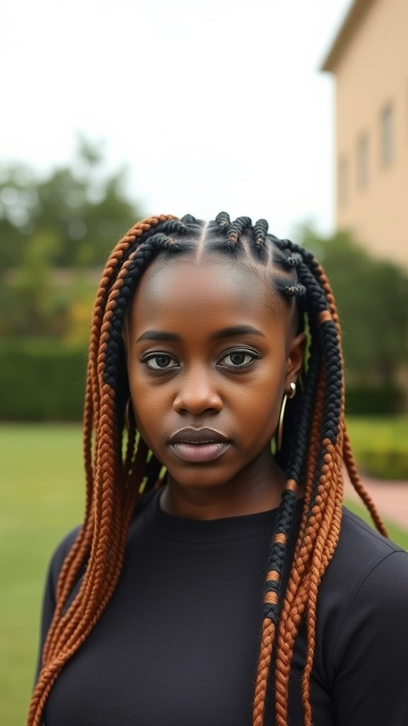 A woman with ginger knotless braids, showcasing a stylish protective hairstyle.