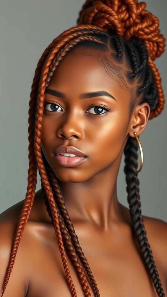A woman with ginger knotless braids styled in a bun and loose braids.