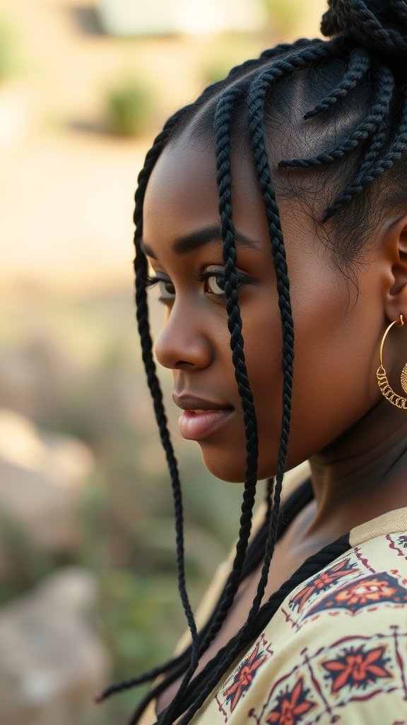 A woman with knotless braids styled with curly ends, showcasing a chic protective hairstyle.