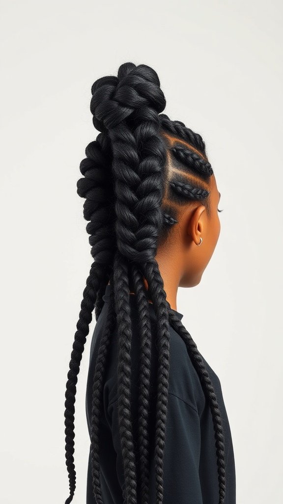 A woman with medium boho knotless braids styled in a high ponytail, showcasing the intricate braid patterns and loose ends.