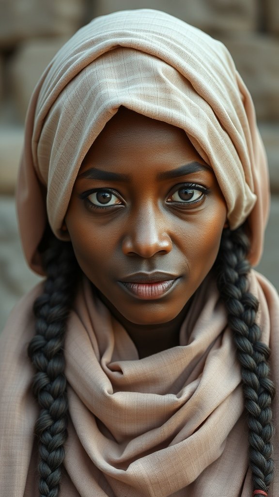 A close-up of a woman with short boho knotless braids, wearing a headscarf.