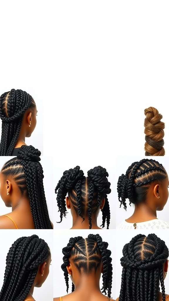 Various styles of short bohemian knotless braids displayed on a model.