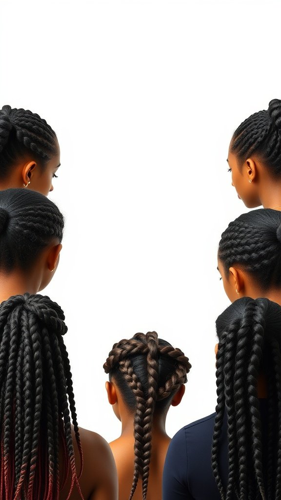 A variety of knotless braid styles displayed from the back, showcasing different lengths and styles.