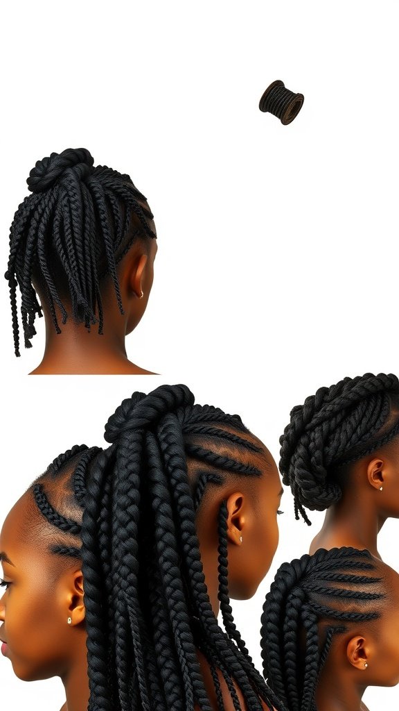 A collection of jumbo boho knotless braids styled in various ways, showcasing their versatility and beauty.