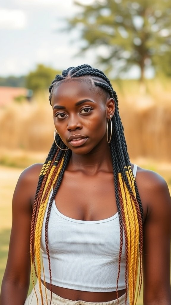 A woman with lemonade braids featuring vibrant colors, showcasing a protective hairstyle.