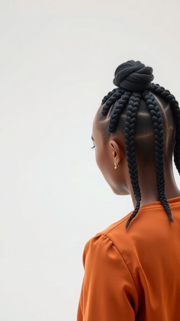 A woman with short knotless braids styled in a bun, showcasing a protective hairstyle.