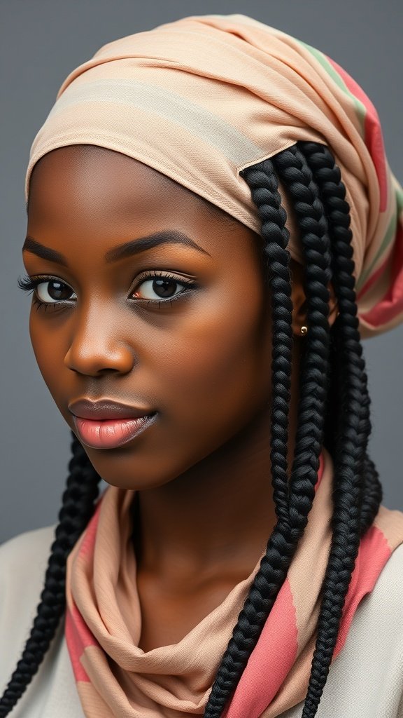 A close-up of a person with XS knotless braids, wearing a soft scarf, showcasing a stylish protective hairstyle.