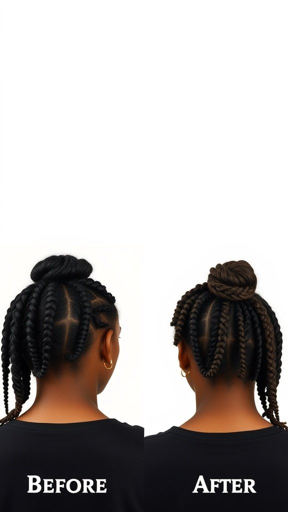 Before and after image showcasing a person with natural hair transitioning to jumbo boho knotless braids.