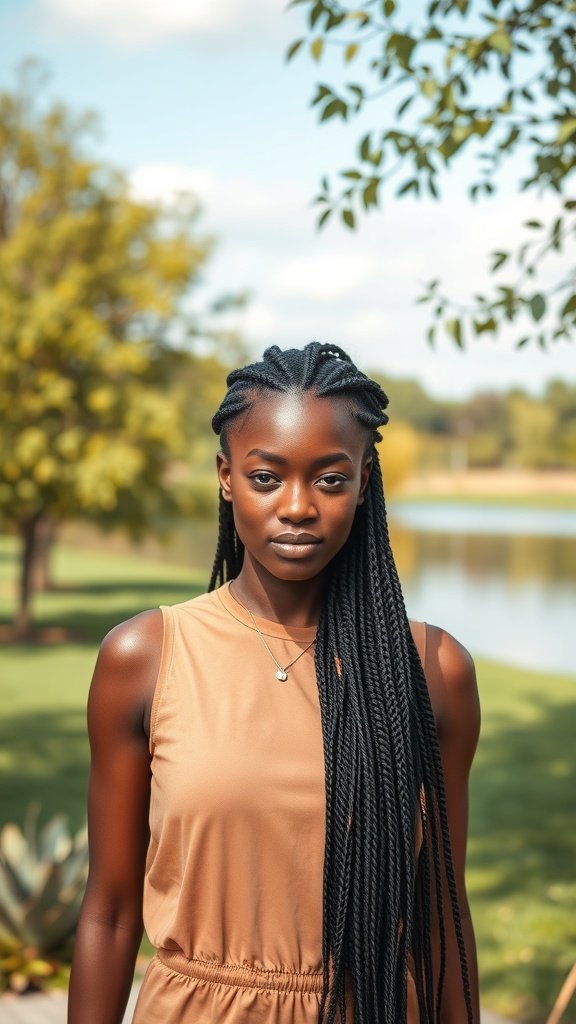 A woman with small knotless box braids standing outdoors by a lake.