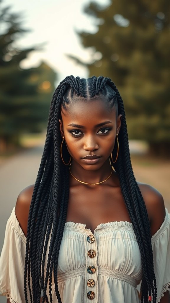 A woman with Bohemian knotless braids, showcasing a stylish protective hairstyle.