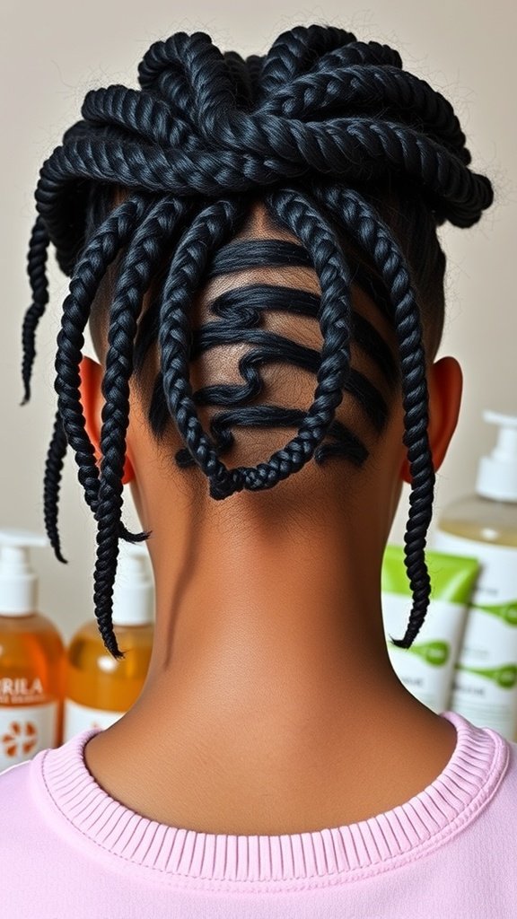 A close-up view of a person's back head with short bohemian knotless braids, showcasing a stylish protective hairstyle.