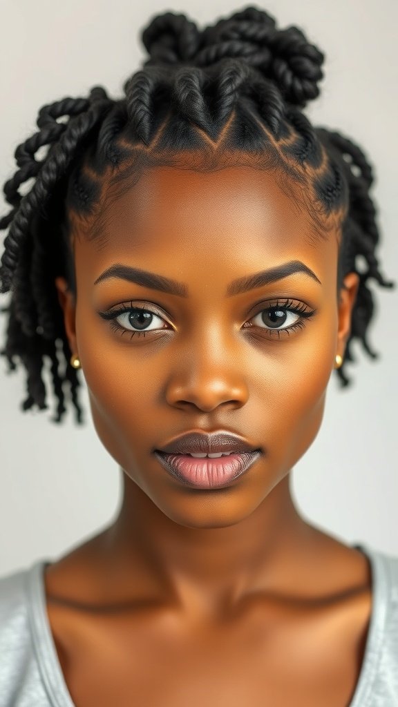 A close-up of a woman with boho knotless braids bob hairstyle, showcasing the intricate braids and natural beauty.
