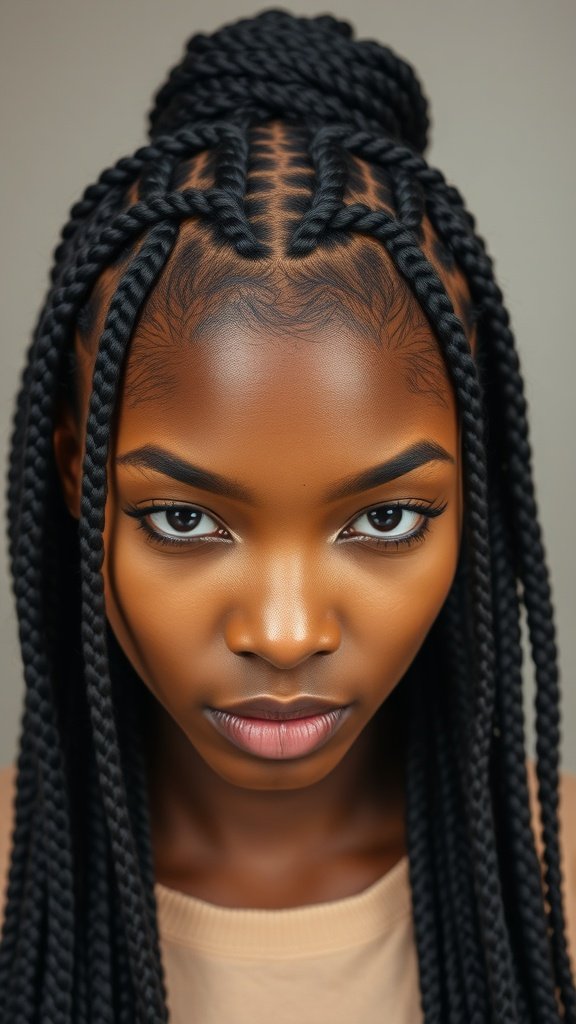 Close-up of a person with small boho knotless braids styled in a bun.