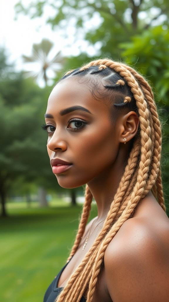 A woman with blonde boho knotless braids, showcasing a stylish protective hairstyle.
