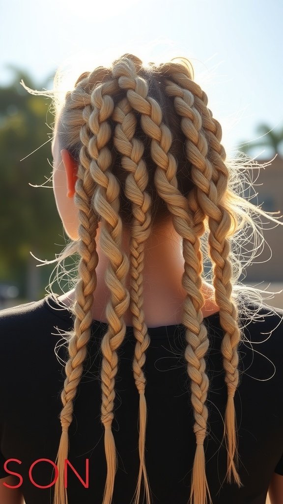 A woman with blonde knotless braids styled in a chic way, showcasing the beauty and versatility of protective hairstyles.
