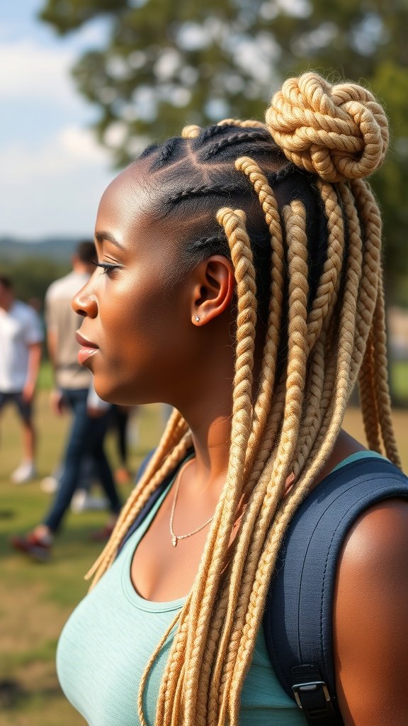 A woman with blonde knotless box braids styled in a bun, showcasing a protective hairstyle.