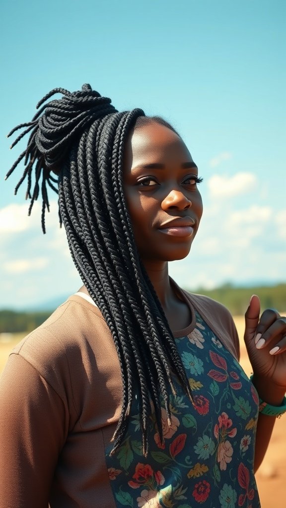 A person with jumbo knotless box braids styled in a high ponytail against a clear blue sky.