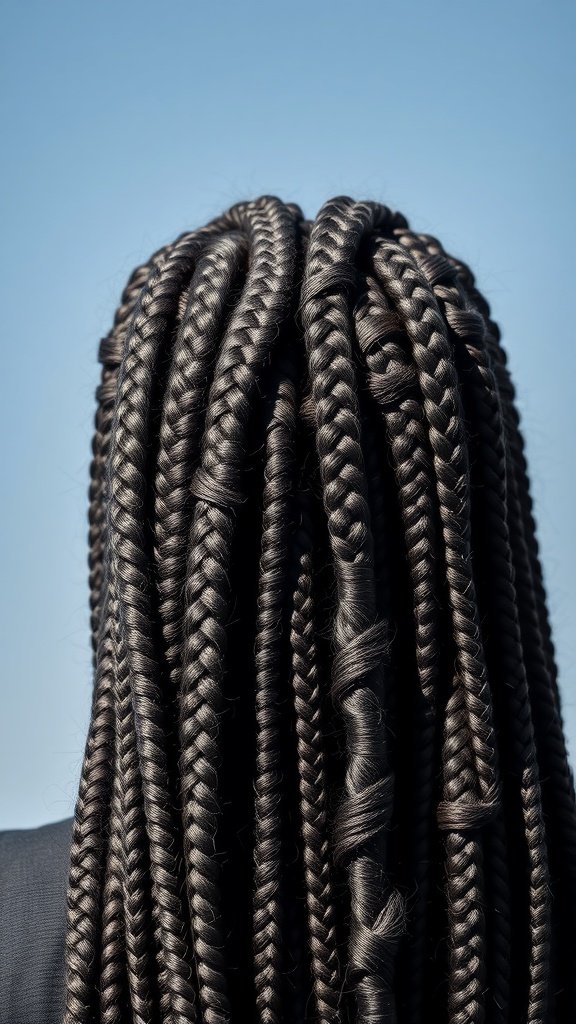 A close-up view of a head of knotless box braids styled elegantly.