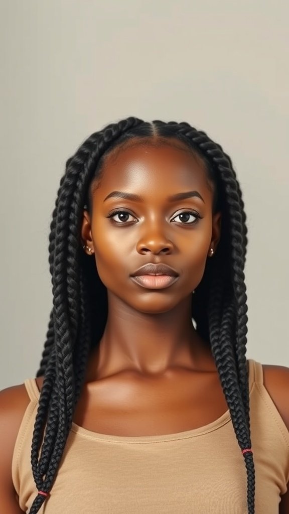 A model showcasing large knotless box braids, emphasizing protective styling.