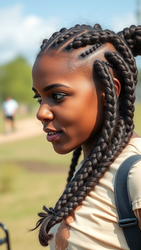 A woman with medium knotless braids, showcasing a stylish protective hairstyle.