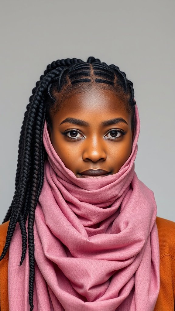 A woman with medium knotless box braids wrapped in a pink scarf.