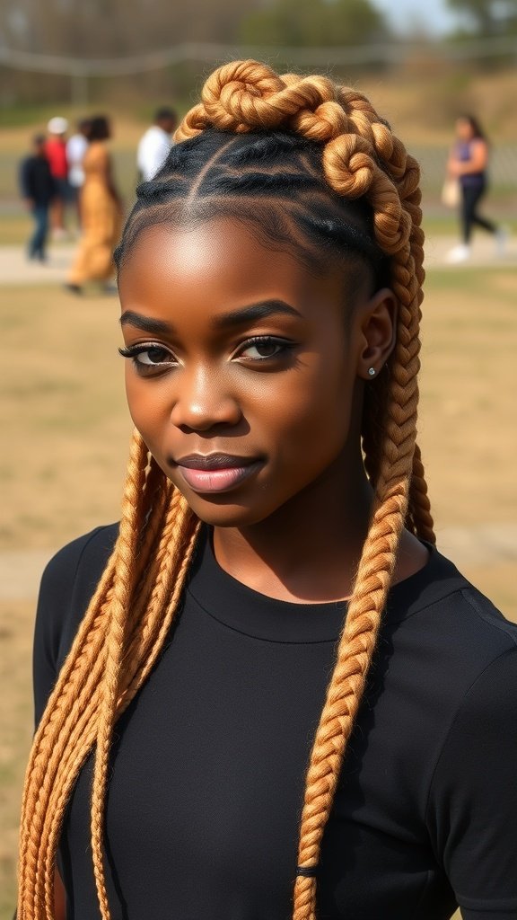 A woman with honey blonde knotless braids styled elegantly, showcasing a protective hairstyle.