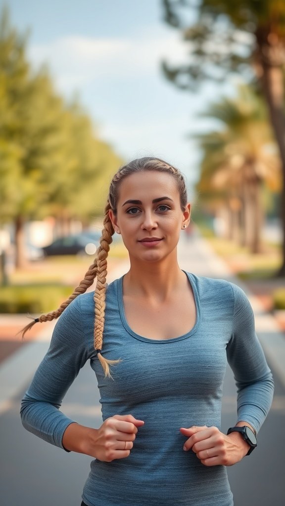 A woman running outdoors with honey blonde knotless braids.