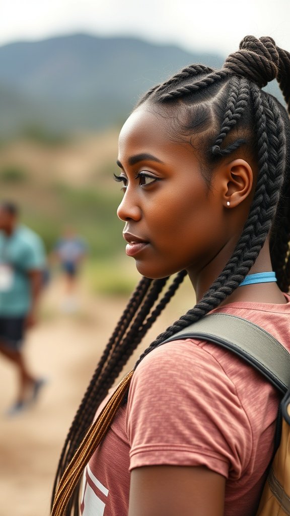 A woman with brown knotless braids, showcasing a stylish protective hairstyle.