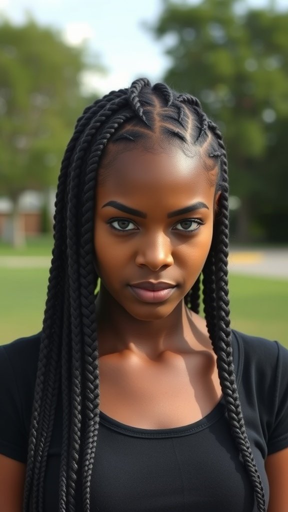 A woman with knotless braids styled with curly ends, showcasing a protective hairstyle.