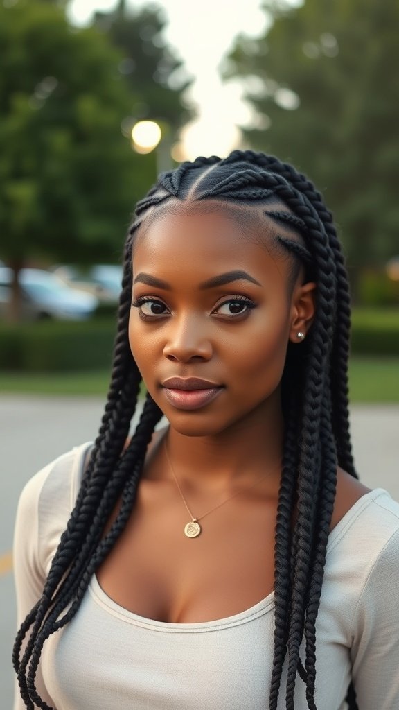 A woman with medium boho knotless braids, showcasing a stylish and protective hairstyle.