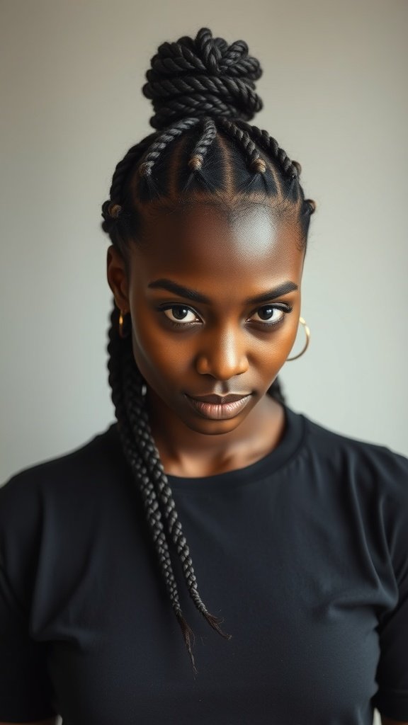 A woman with stylish knotless braids in an updo, showcasing a protective hairstyle.