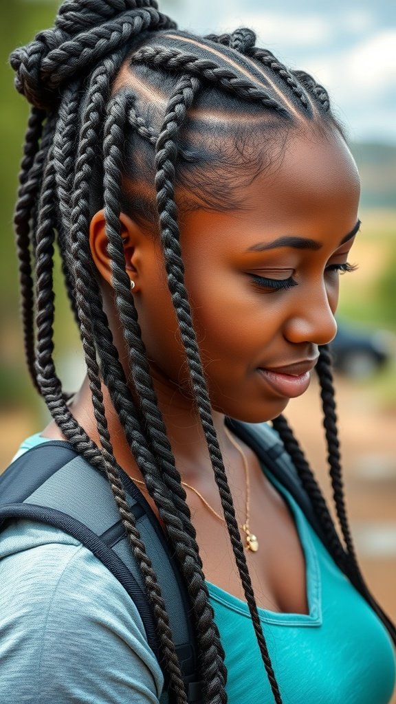 A woman with knotless braids styled in a bob, showcasing a protective hairstyle.