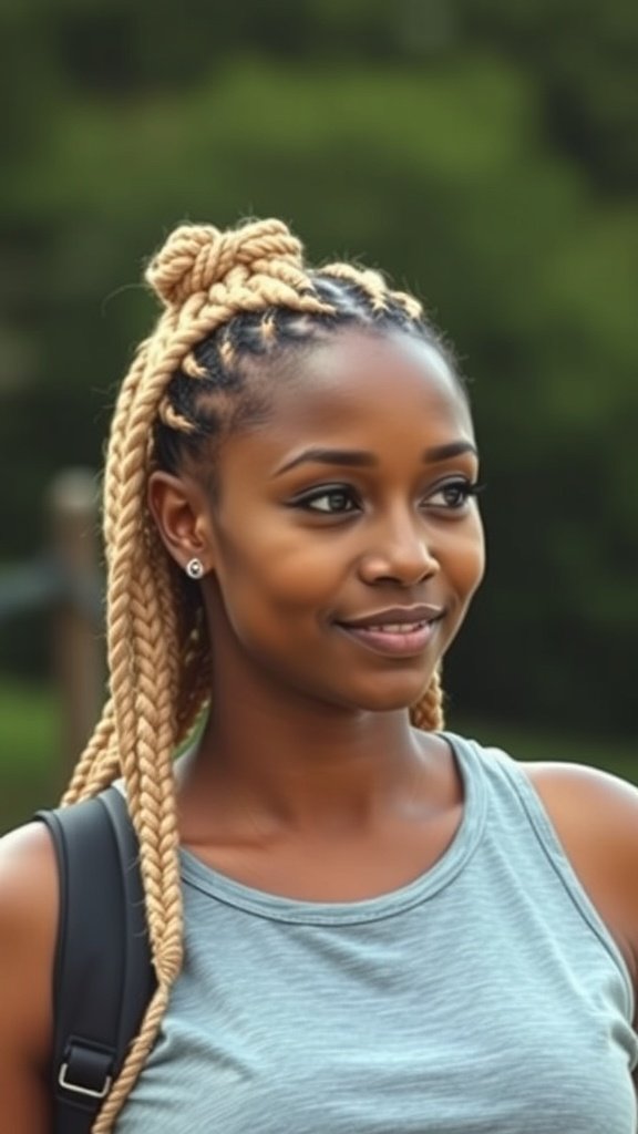 A woman with blonde knotless box braids styled casually, smiling outdoors.