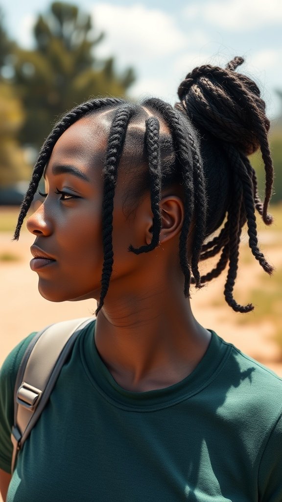 A woman with knotless twist braids styled in a high bun, showcasing a protective hairstyle.