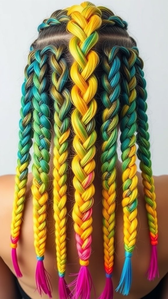 Colorful boho knotless braids featuring a rainbow dip dye technique with vibrant yellow, green, and pink hues.