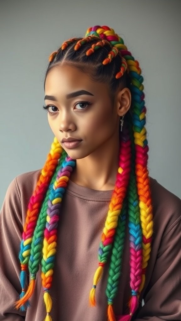 A model showcasing vibrant rainbow knotless braids with various colors.