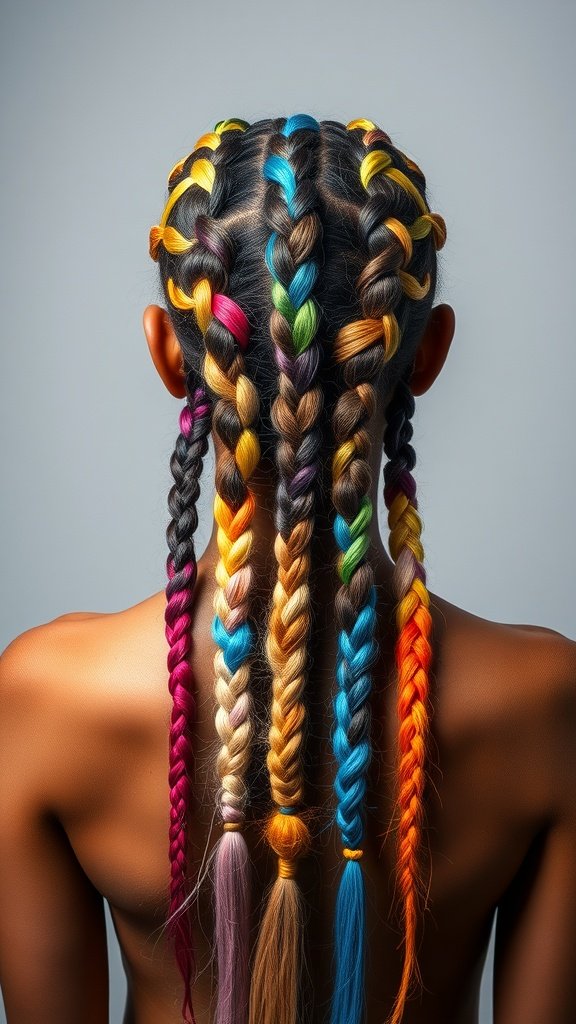 A back view of a person with colorful rainbow knotless braids in various shades.