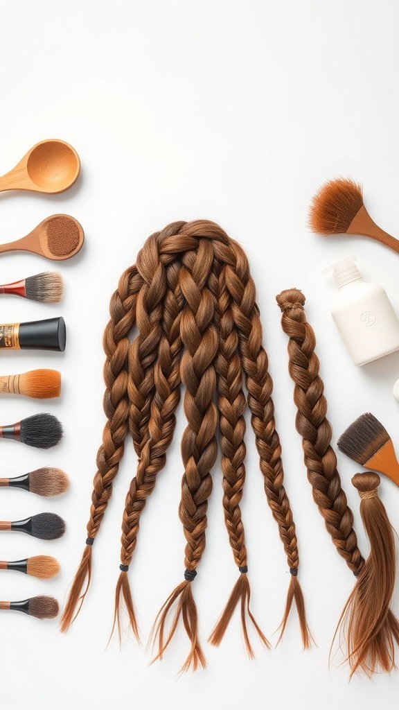 A collection of small knotless braids arranged with hair care products and brushes