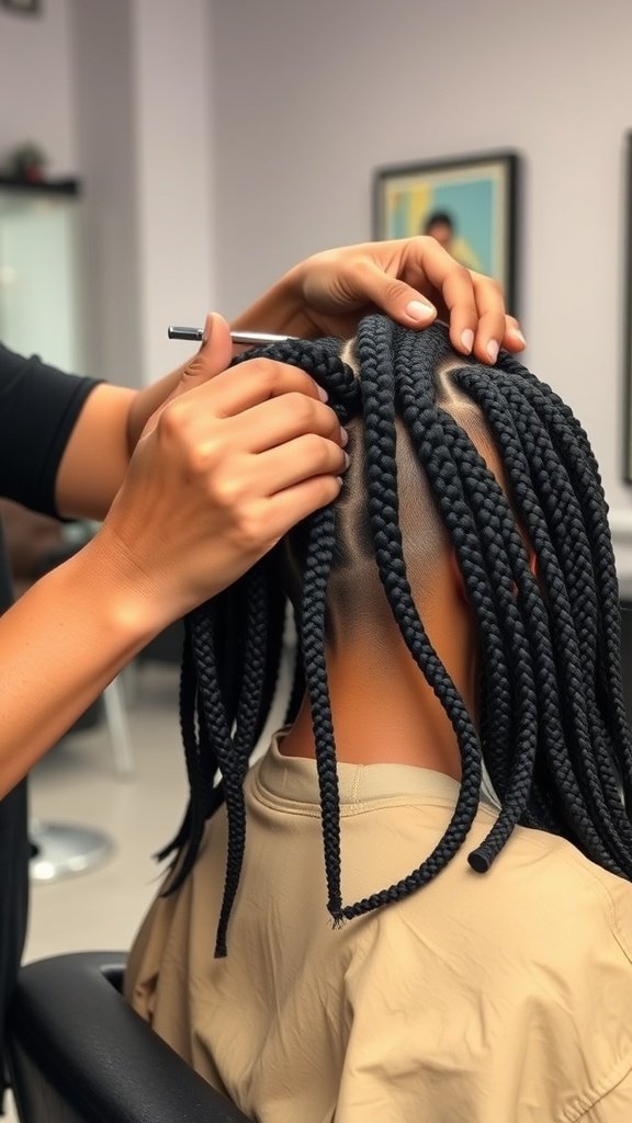 A stylist carefully removing big knotless box braids from a client's hair.