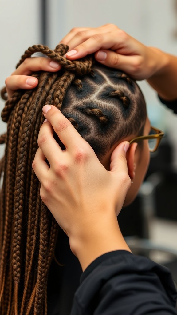 A stylist carefully removing brown knotless braids from a client's hair.