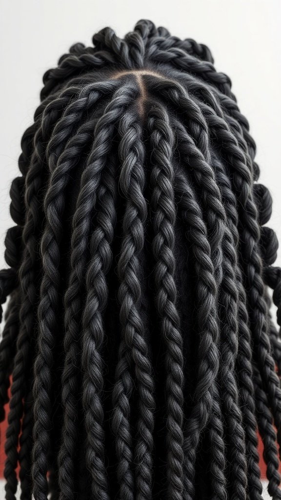 A close-up view of medium knotless box braids, showcasing their neatness and style.