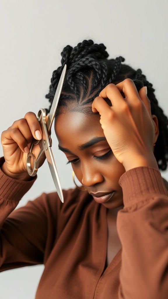 A person carefully cutting their knotless box braids with scissors.