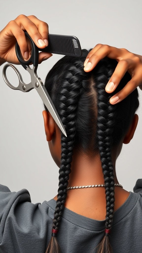 A person preparing to cut their small knotless box braids with scissors and a comb.